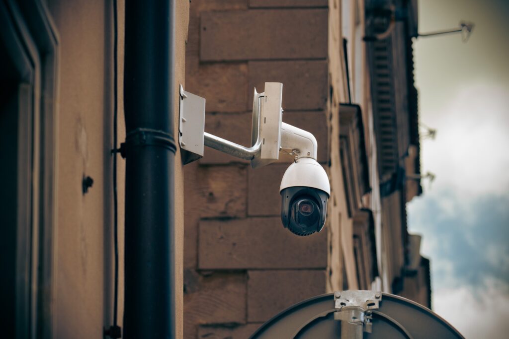 A CCTV camera attached to the side of a building