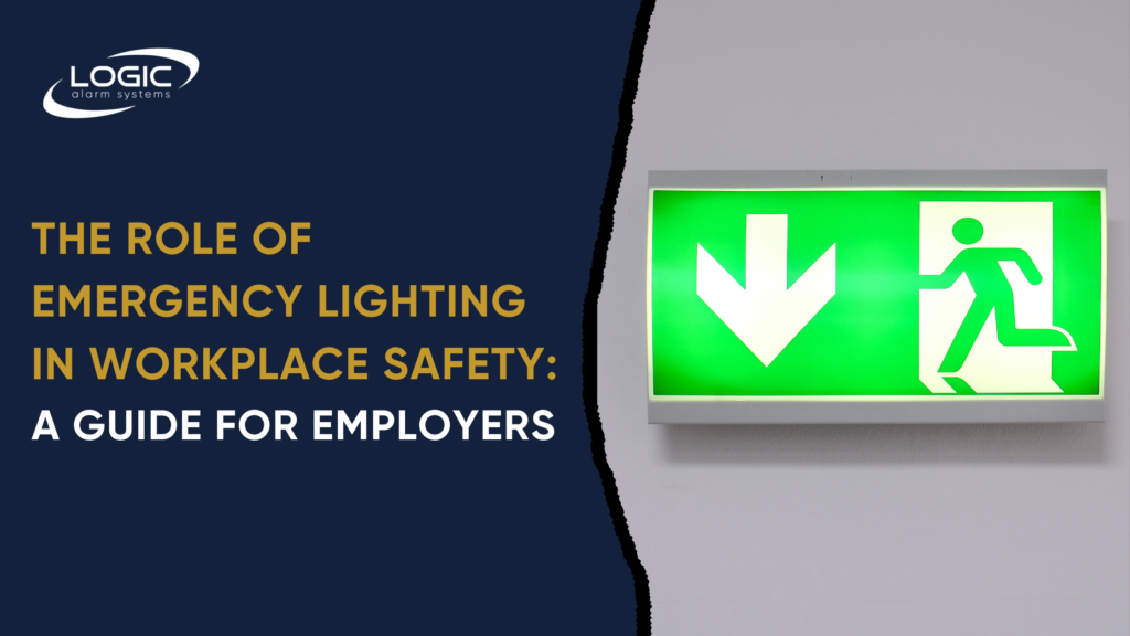 Blog banner image with blog title “The Role of Emergency Lighting in Workplace Safety: A Guide for Employers” with an emergency exit light sign