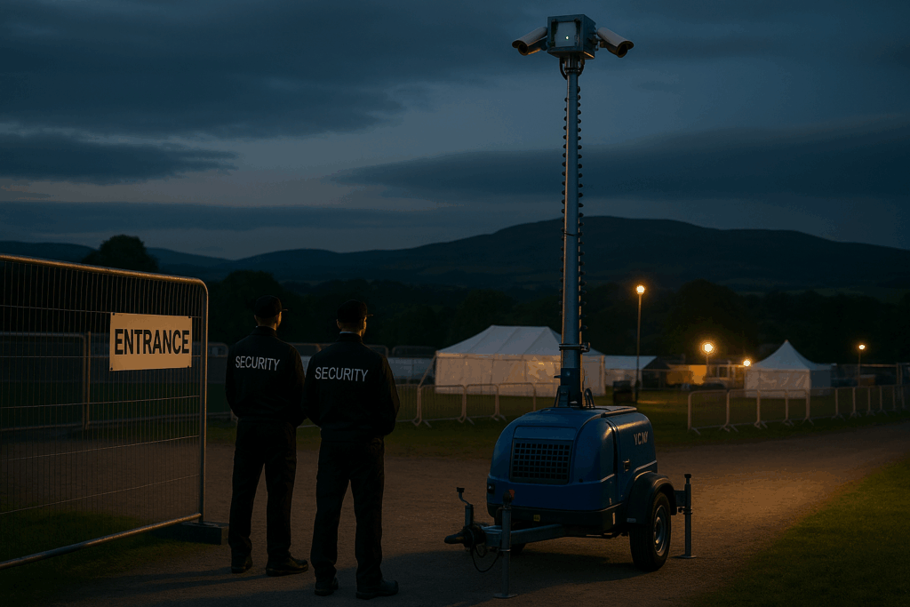 Showing the height of mobile CCTV tower and angles as opposed to two security guards there.