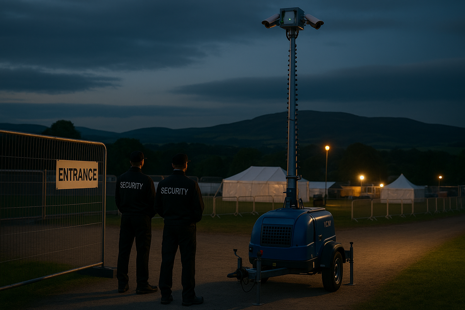 Showing the height of mobile CCTV tower and angles as opposed to two security guards there.